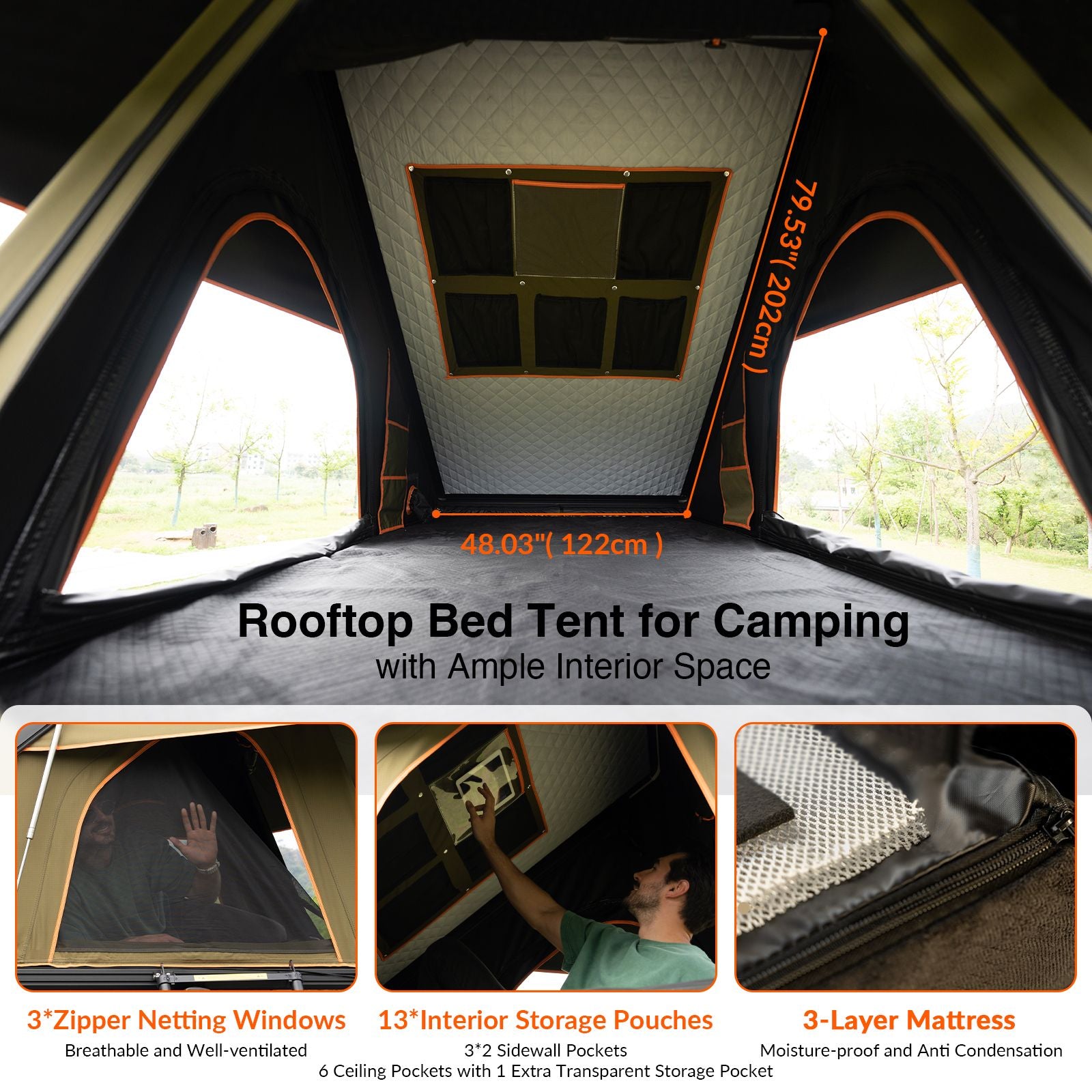 6.5' x 4.3' Hard Shell Rooftop Tent, Fits 3-4 People, 4-Season Design