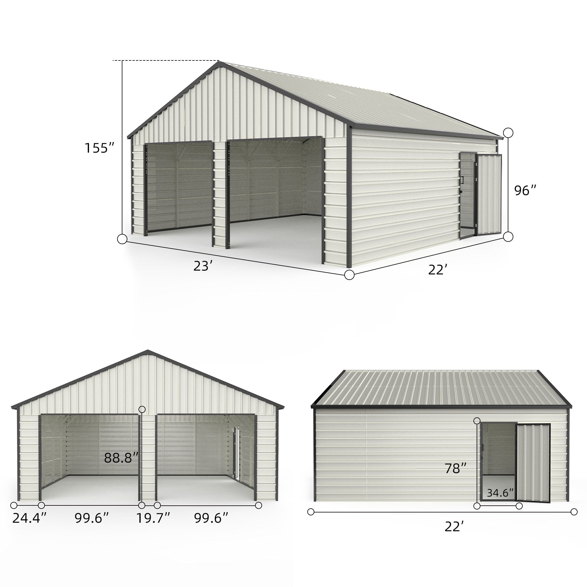 23' x 22'  Metal Storage Shed w/ Double Door Garage & Side Entry Door,  500 sq-ft Space