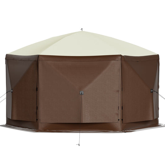 10' x 10' Camping Gazebo Tent, 6-Sided Pop-Up Screen Tent for 8 People, Waterproof with Mesh Windows, Ground Stakes, and Storage Bag, Brown & Beige