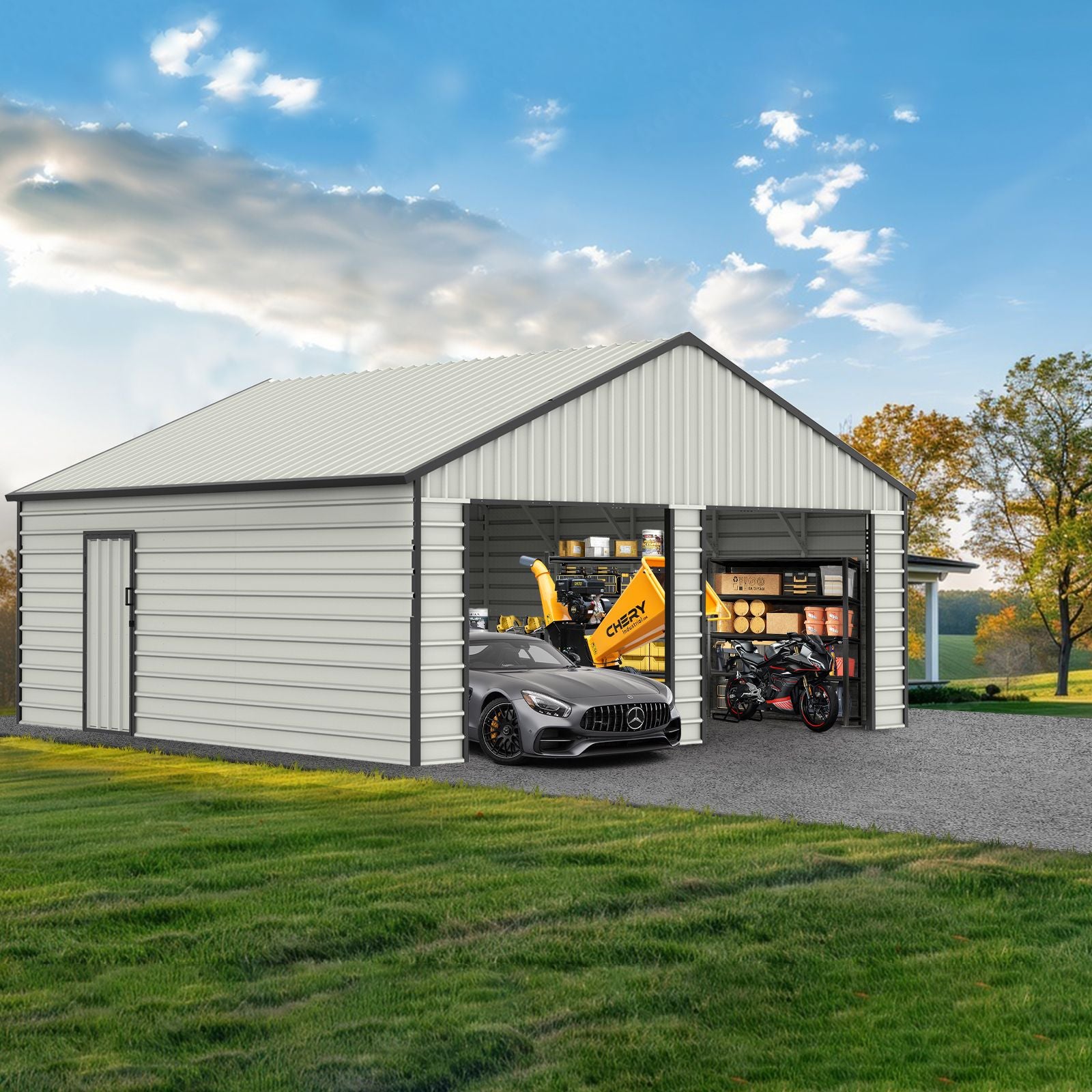 23' x 22'  Metal Storage Shed w/ Double Door Garage & Side Entry Door,  500 sq-ft Space