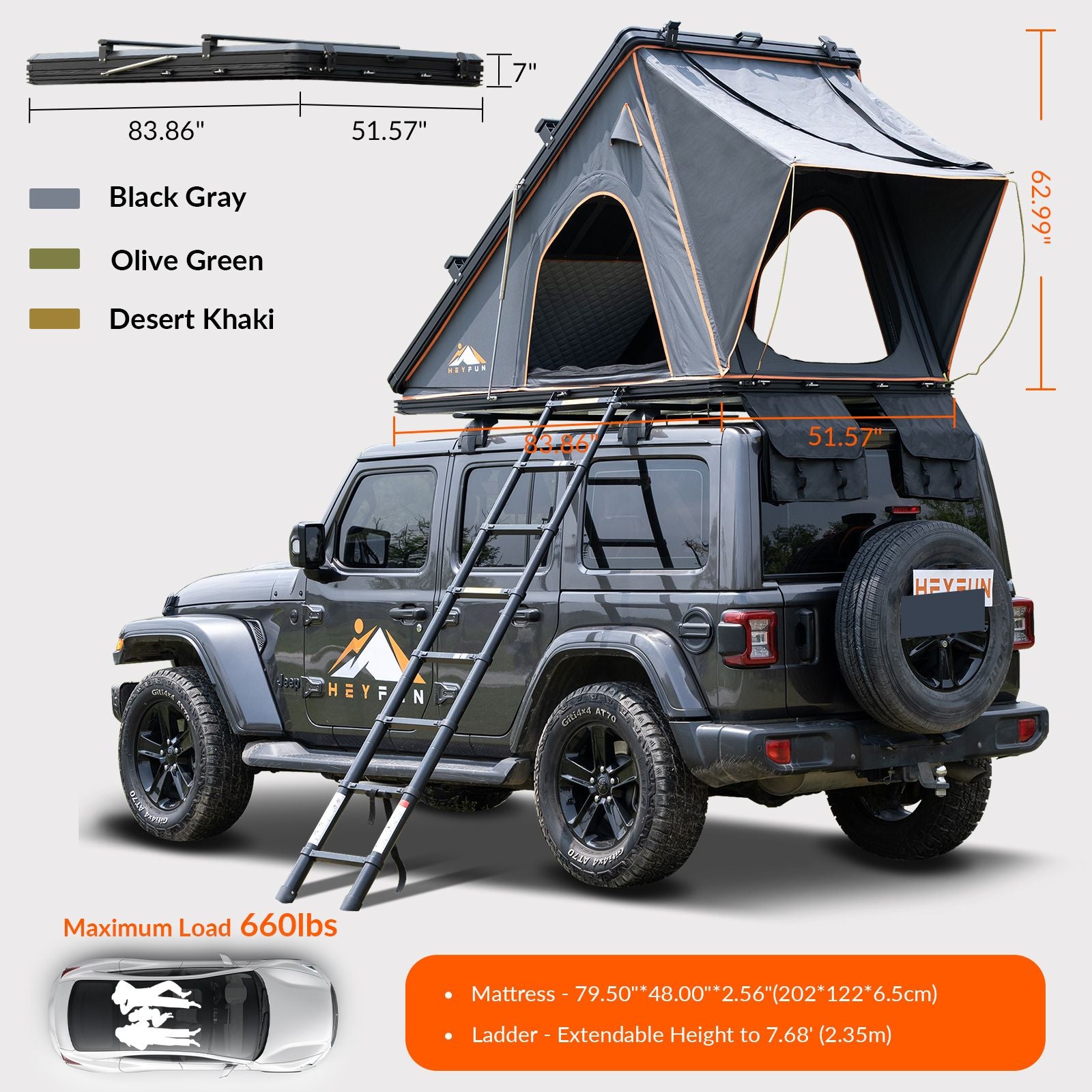 6.5' x 4.3' Hard Shell Rooftop Tent, Fits 3-4 People, 4-Season Design