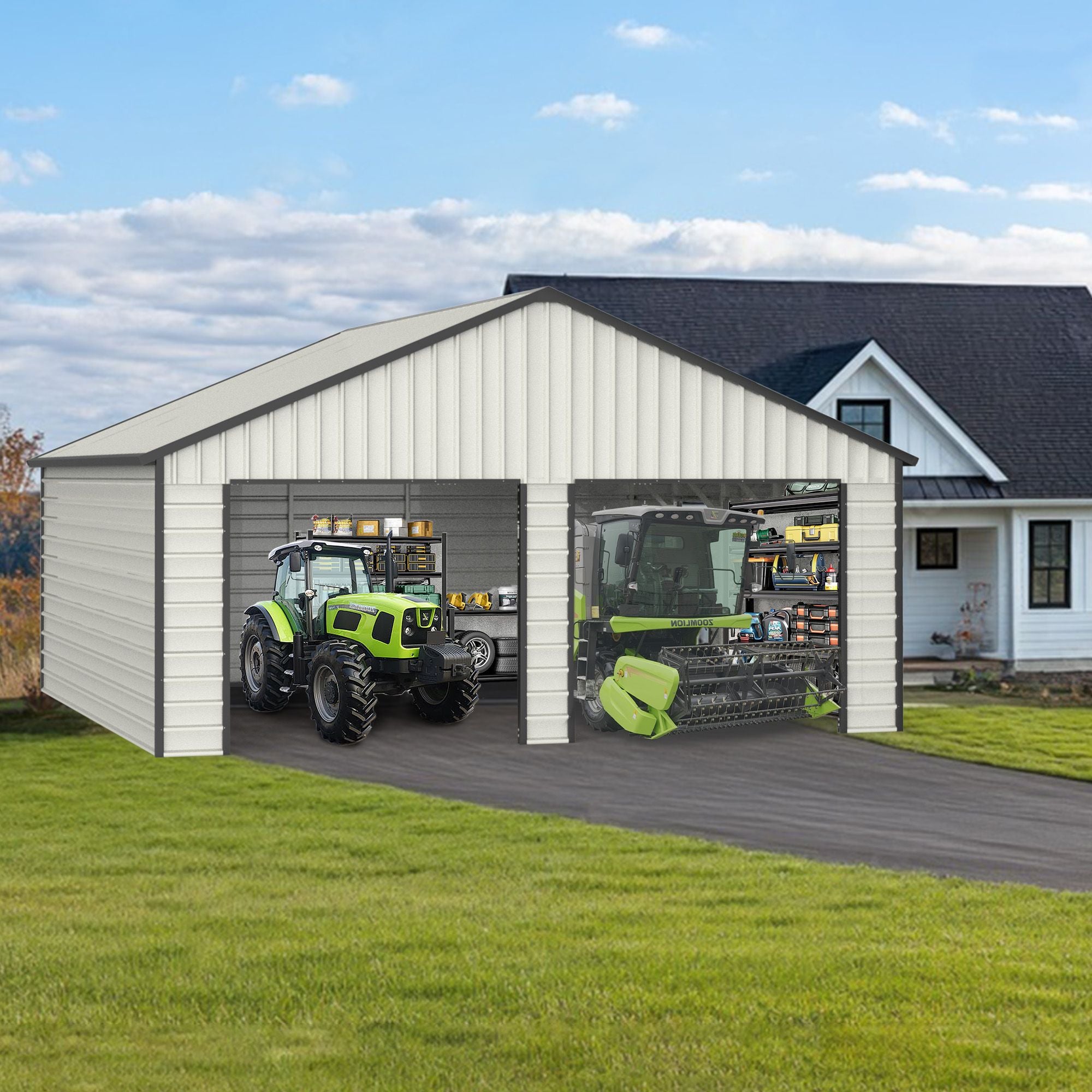 23' x 22'  Metal Storage Shed w/ Double Door Garage & Side Entry Door,  500 sq-ft Space