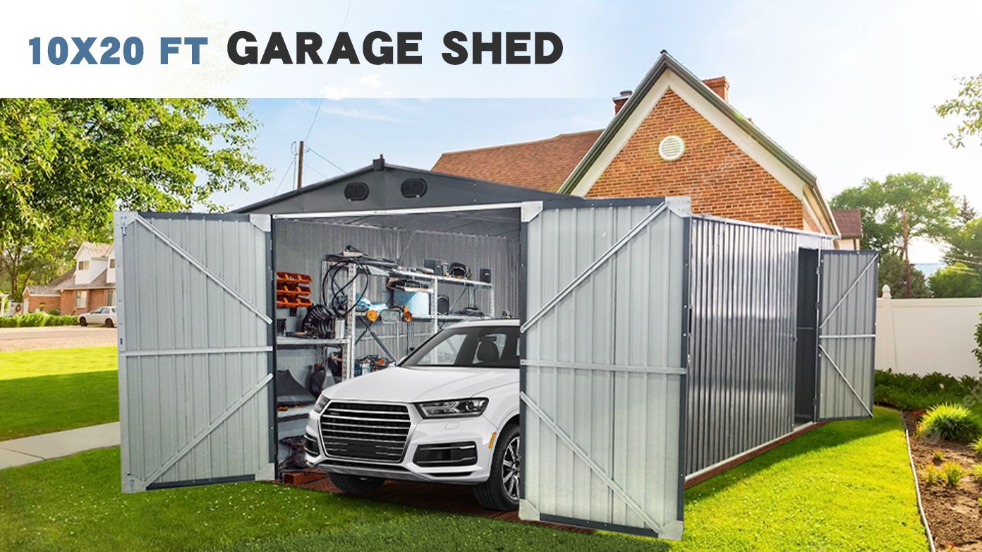 20' x 13' Outdoor Storage Shed – Metal Garden Shed with 2 Doors & 4 Vents for Car